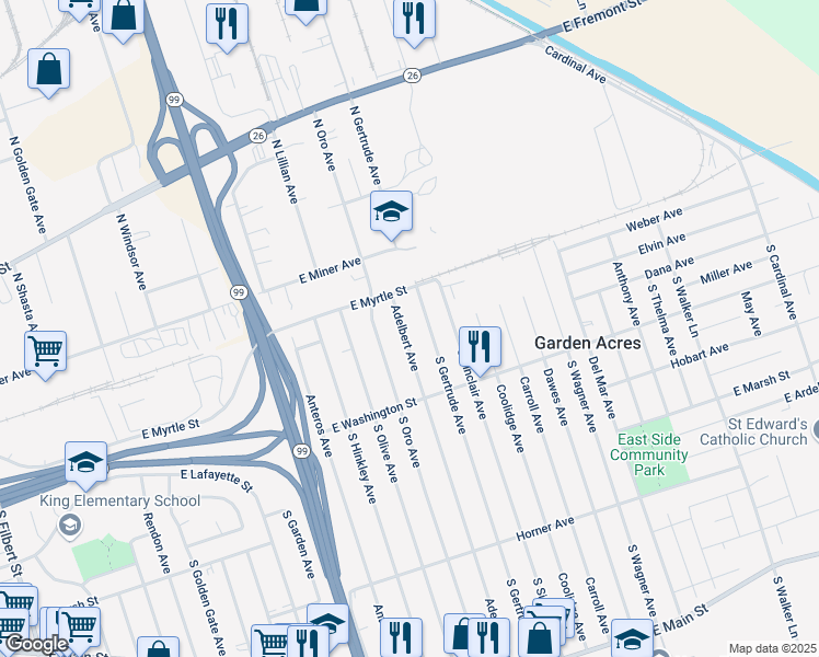 map of restaurants, bars, coffee shops, grocery stores, and more near 36 Adelbert Avenue in Stockton