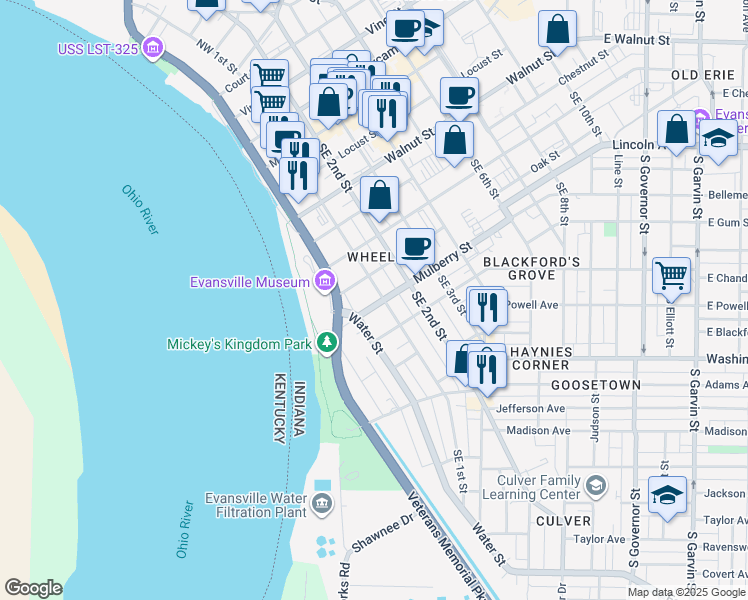 map of restaurants, bars, coffee shops, grocery stores, and more near 602 Southeast 1st Street in Evansville