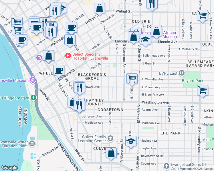 map of restaurants, bars, coffee shops, grocery stores, and more near 824 Judson Street in Evansville
