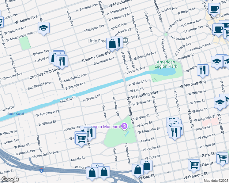 map of restaurants, bars, coffee shops, grocery stores, and more near 1470 West Walnut Street in Stockton