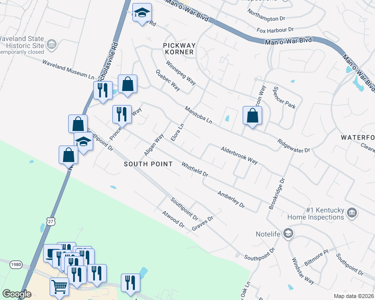 map of restaurants, bars, coffee shops, grocery stores, and more near 4415 Riverside Court in Lexington