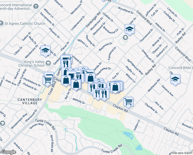 map of restaurants, bars, coffee shops, grocery stores, and more near 1500 Heartwood Drive in Concord