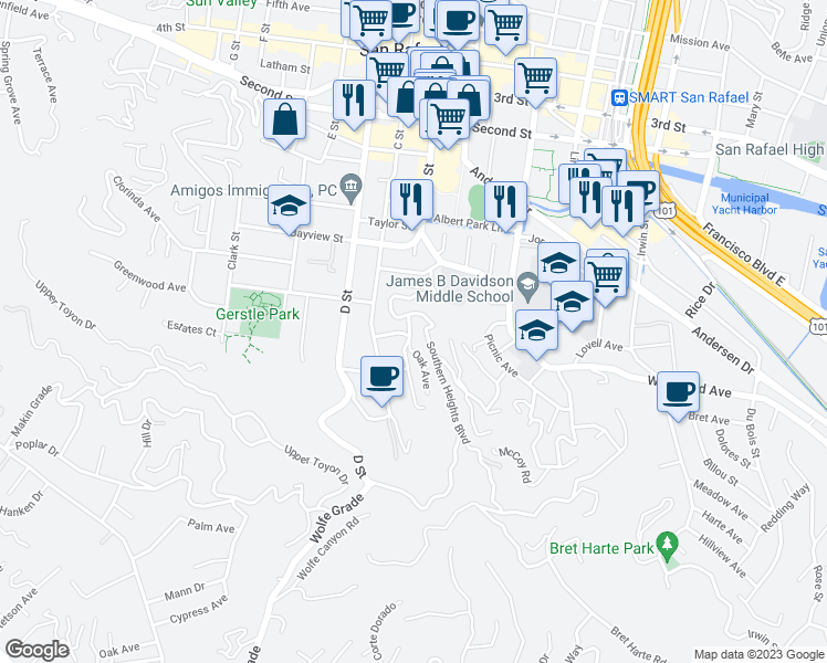 map of restaurants, bars, coffee shops, grocery stores, and more near 19 Oak Avenue in San Rafael