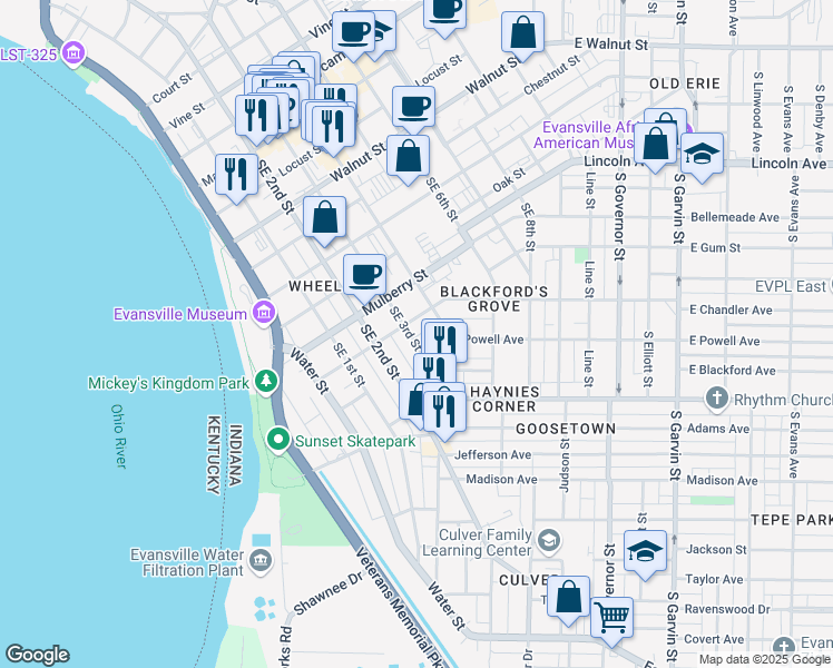 map of restaurants, bars, coffee shops, grocery stores, and more near 708 Southeast 3rd Street in Evansville