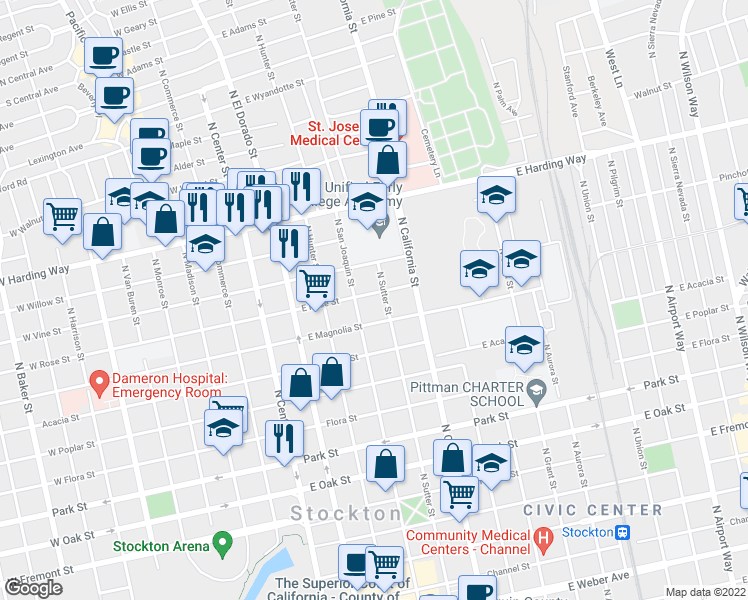 map of restaurants, bars, coffee shops, grocery stores, and more near 312 East Rose Street in Stockton