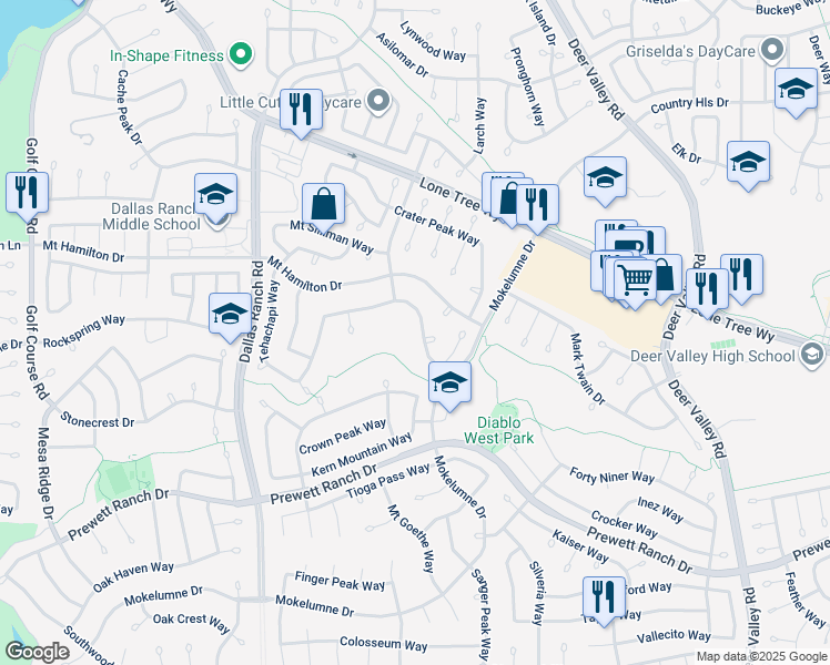 map of restaurants, bars, coffee shops, grocery stores, and more near 1928 Badger Pass Way in Antioch