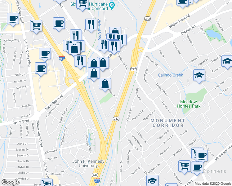 map of restaurants, bars, coffee shops, grocery stores, and more near 1301 Franquette Avenue in Concord