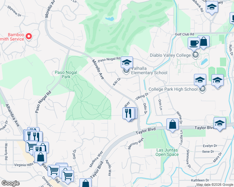 map of restaurants, bars, coffee shops, grocery stores, and more near 2071 Morello Avenue in Pleasant Hill