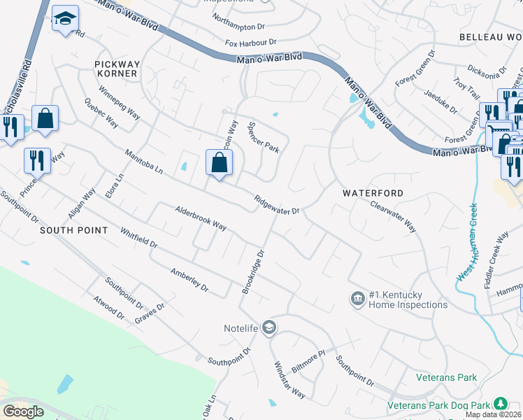 map of restaurants, bars, coffee shops, grocery stores, and more near 500 Manitoba Lane in Lexington