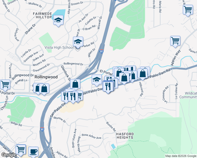 map of restaurants, bars, coffee shops, grocery stores, and more near 3525 Mifflin Avenue in El Sobrante