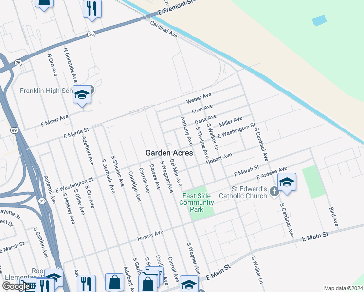 map of restaurants, bars, coffee shops, grocery stores, and more near 5005 East Washington Street in Stockton