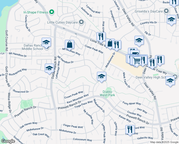 map of restaurants, bars, coffee shops, grocery stores, and more near 1928 Badger Pass Way in Antioch