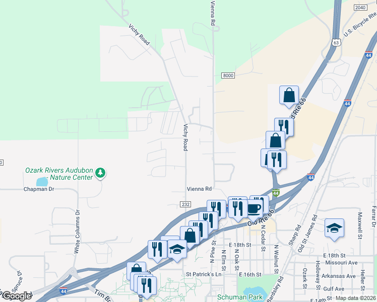 map of restaurants, bars, coffee shops, grocery stores, and more near 2222 Vichy Road in Rolla