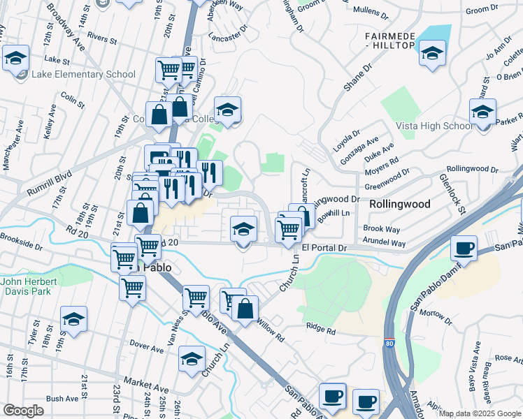 map of restaurants, bars, coffee shops, grocery stores, and more near 179 San Antonio Street in San Pablo