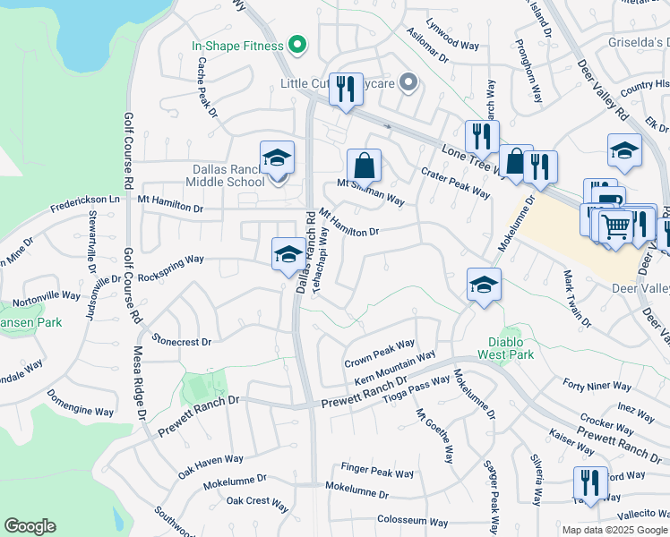map of restaurants, bars, coffee shops, grocery stores, and more near 5132 Monitor Pass Way in Antioch