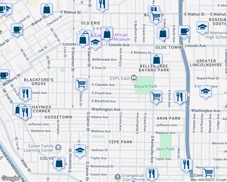 map of restaurants, bars, coffee shops, grocery stores, and more near 734 East Powell Avenue in Evansville