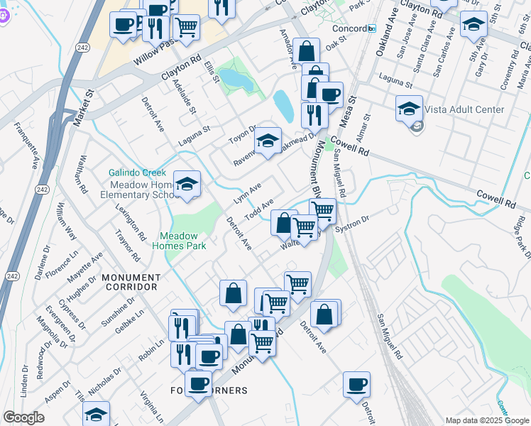 map of restaurants, bars, coffee shops, grocery stores, and more near 2534 Todd Avenue in Concord