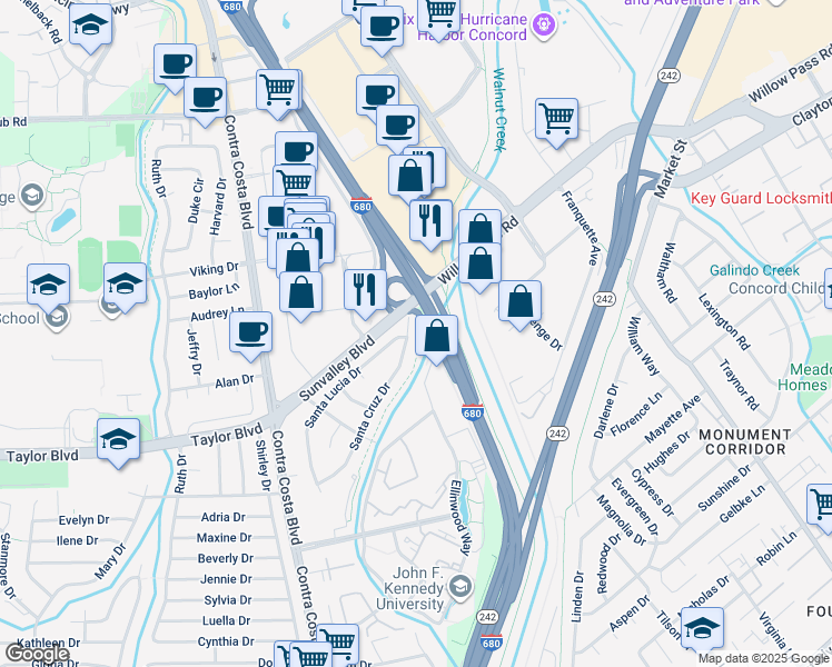 map of restaurants, bars, coffee shops, grocery stores, and more near 871 Santa Cruz Drive in Pleasant Hill