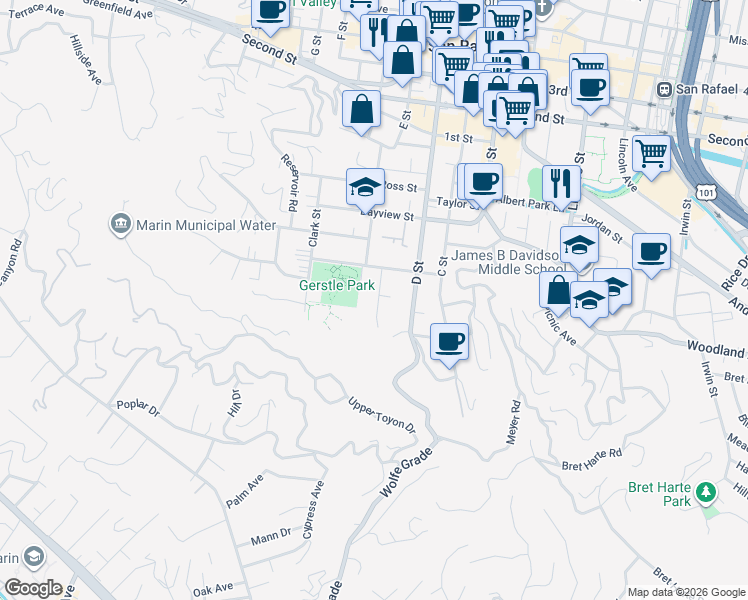 map of restaurants, bars, coffee shops, grocery stores, and more near 34 Grove Street in San Rafael