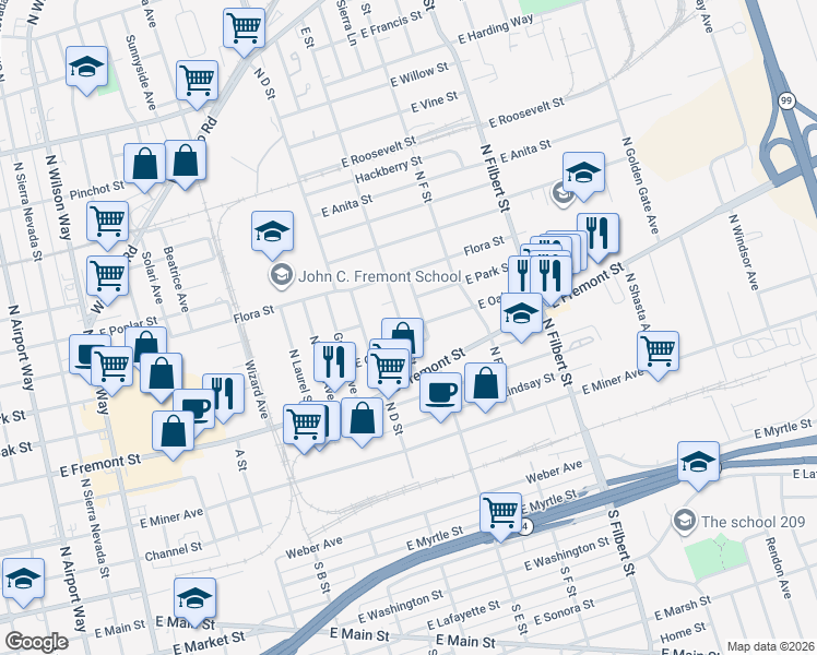 map of restaurants, bars, coffee shops, grocery stores, and more near 616 E Street in Stockton