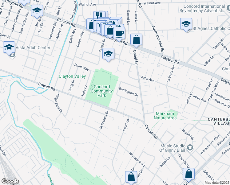 map of restaurants, bars, coffee shops, grocery stores, and more near 1243 Lancashire Drive in Concord