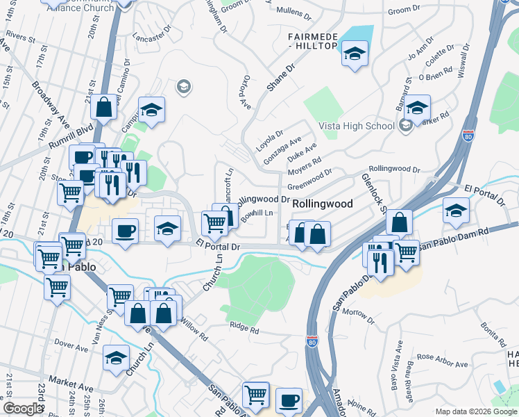 map of restaurants, bars, coffee shops, grocery stores, and more near 2771 Bowhill Lane in San Pablo