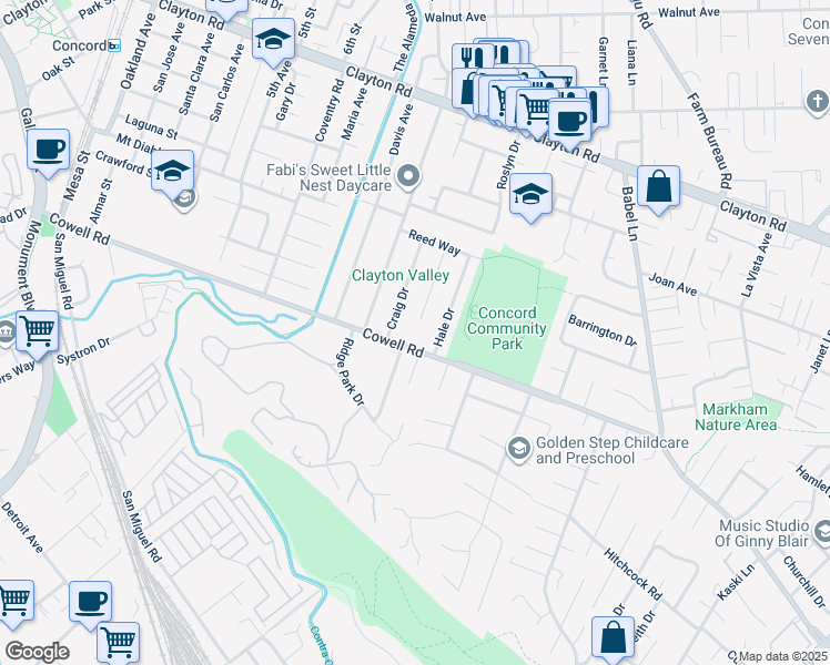 map of restaurants, bars, coffee shops, grocery stores, and more near 3401 Cowell Road in Concord