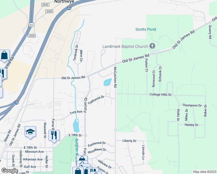 map of restaurants, bars, coffee shops, grocery stores, and more near 1351 California Drive in Rolla