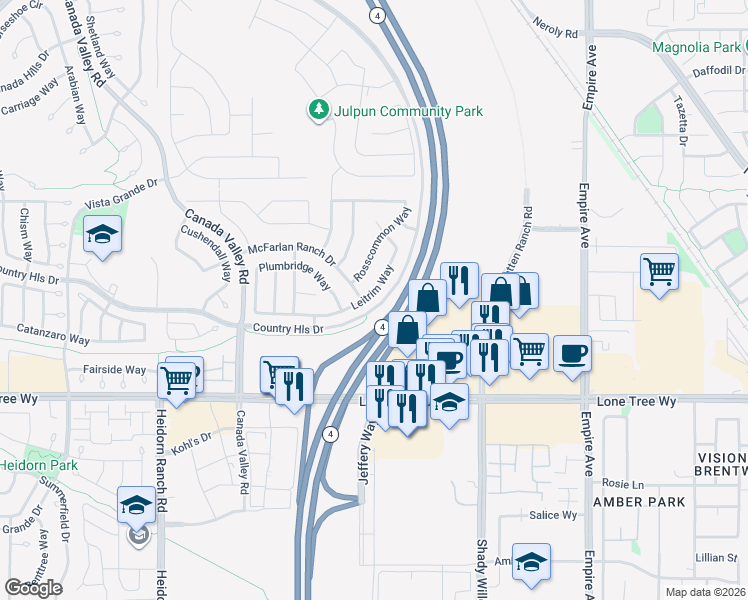 map of restaurants, bars, coffee shops, grocery stores, and more near 5621 Leitrim Way in Antioch