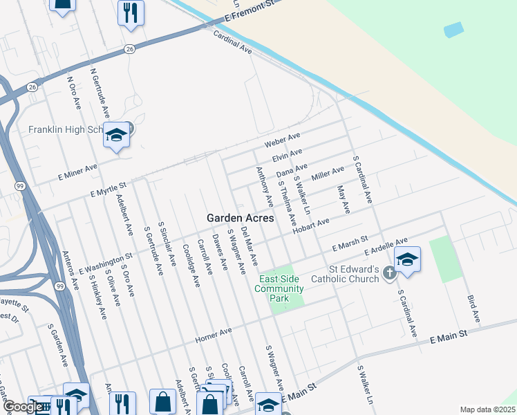 map of restaurants, bars, coffee shops, grocery stores, and more near 5005 East Washington Street in Stockton