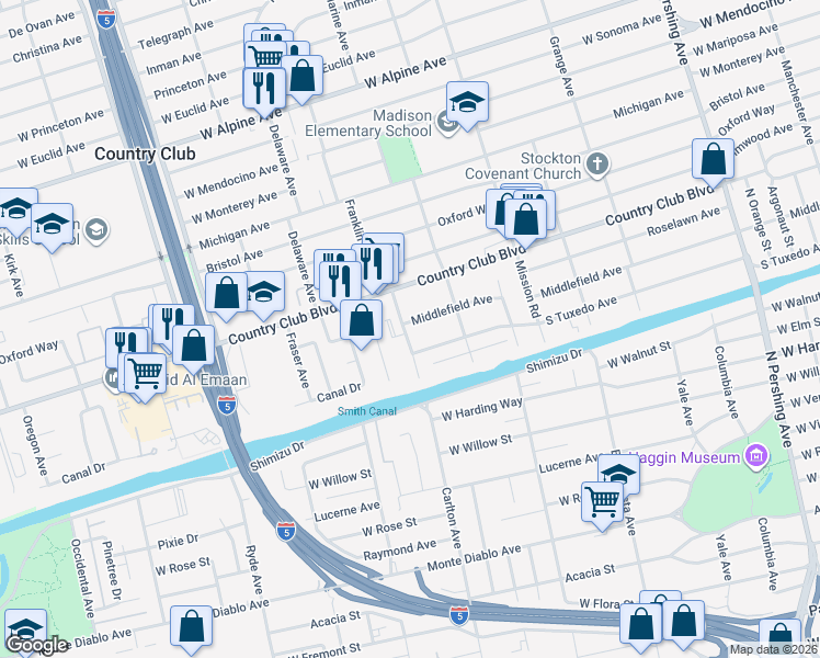 map of restaurants, bars, coffee shops, grocery stores, and more near 2080 West Middlefield Avenue in Stockton