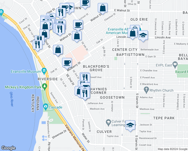 map of restaurants, bars, coffee shops, grocery stores, and more near 34 East Powell Avenue in Evansville