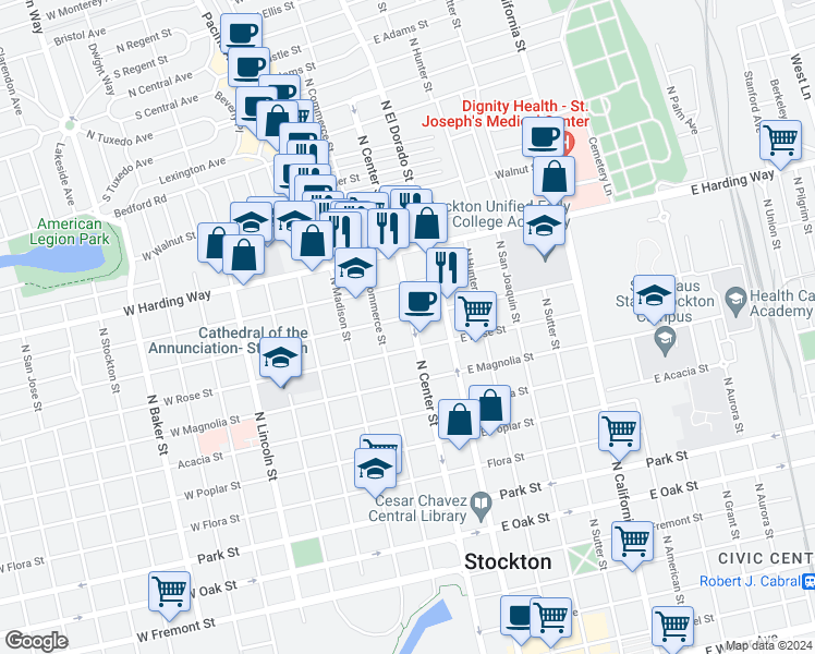 map of restaurants, bars, coffee shops, grocery stores, and more near 1239a North Center Street in Stockton