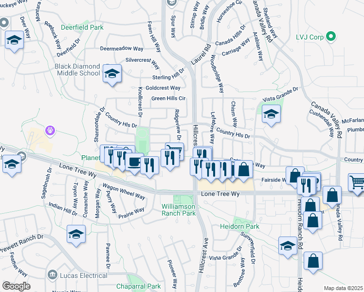 map of restaurants, bars, coffee shops, grocery stores, and more near 4931 Ridgeview Drive in Antioch