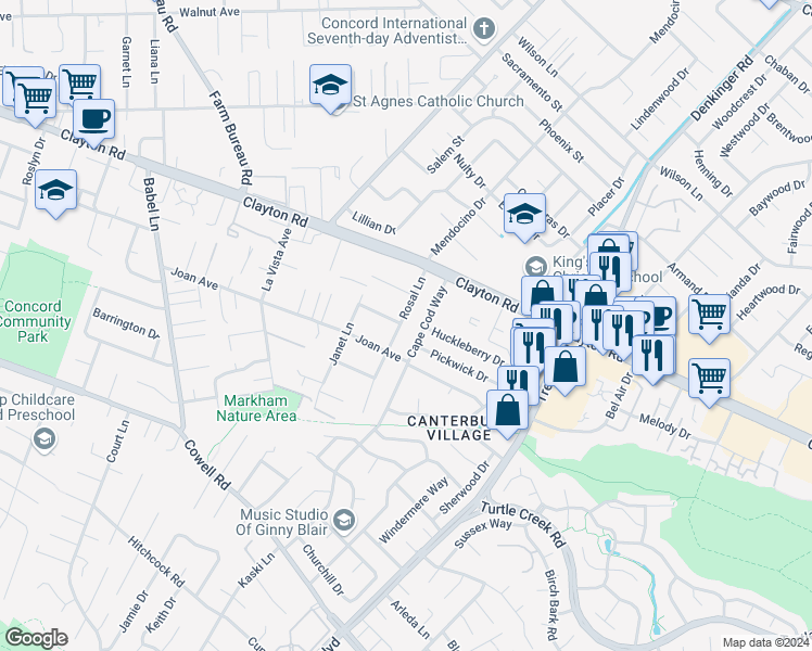 map of restaurants, bars, coffee shops, grocery stores, and more near 1448 Rosal Lane in Concord