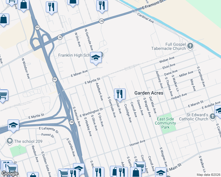 map of restaurants, bars, coffee shops, grocery stores, and more near 15 North Sinclair Avenue in Stockton