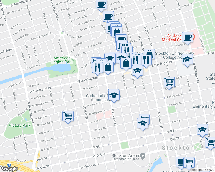 map of restaurants, bars, coffee shops, grocery stores, and more near 1342 North Lincoln Street in Stockton