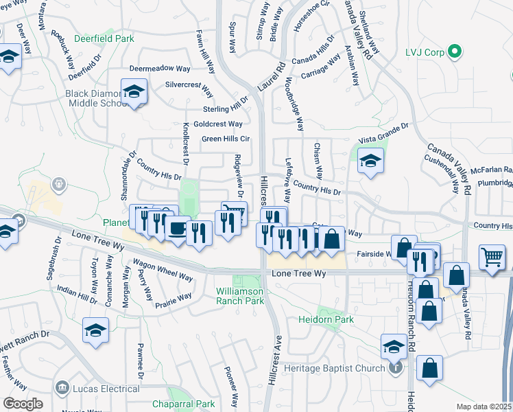 map of restaurants, bars, coffee shops, grocery stores, and more near 5049 Crestpark Circle in Antioch