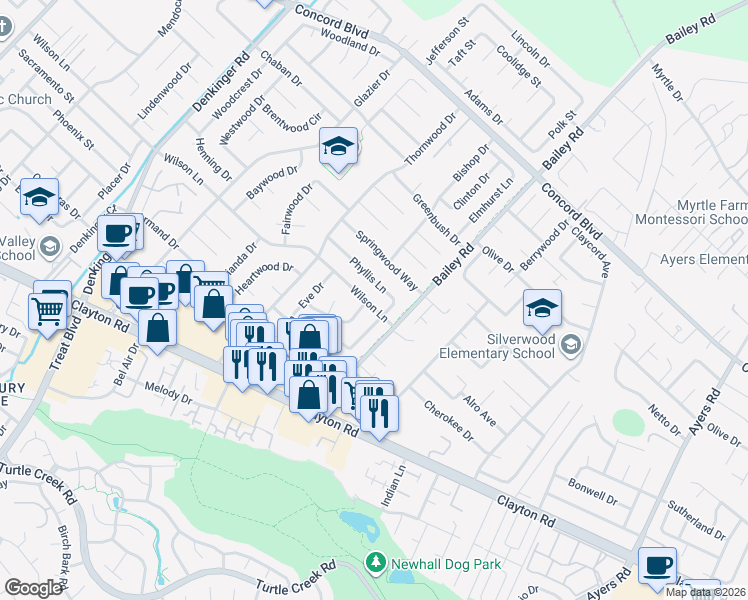 map of restaurants, bars, coffee shops, grocery stores, and more near 4663 Wilson Lane in Concord