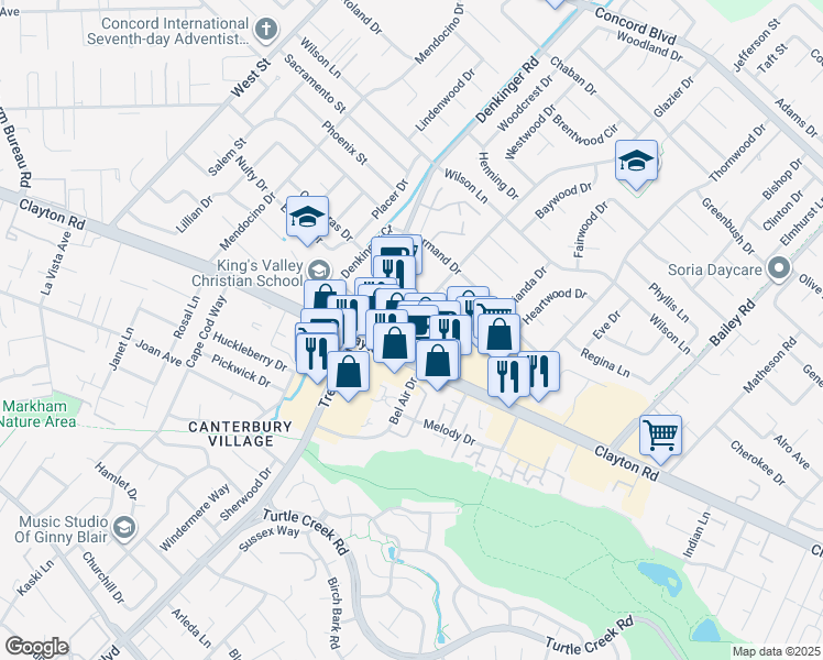 map of restaurants, bars, coffee shops, grocery stores, and more near 1530 Glazier Drive in Concord
