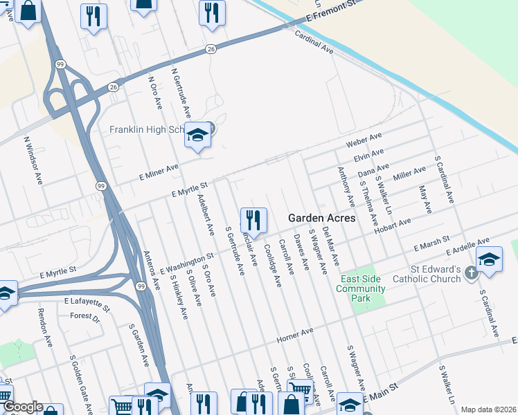 map of restaurants, bars, coffee shops, grocery stores, and more near 6s Coolidge Avenue in Stockton