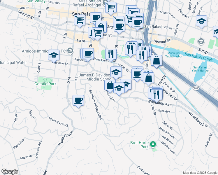 map of restaurants, bars, coffee shops, grocery stores, and more near 232 Picnic Avenue in San Rafael