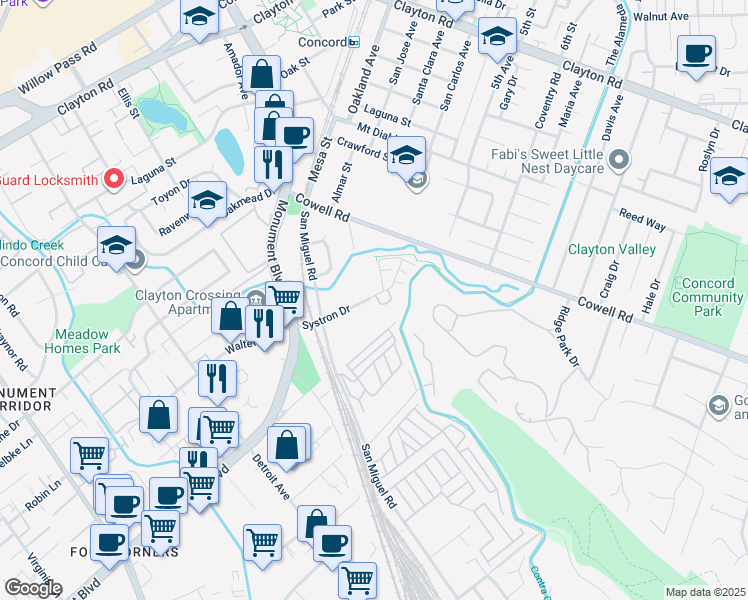 map of restaurants, bars, coffee shops, grocery stores, and more near 2750 Trailside Lane in Concord