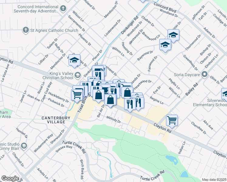 map of restaurants, bars, coffee shops, grocery stores, and more near 4281 Machado Drive in Concord