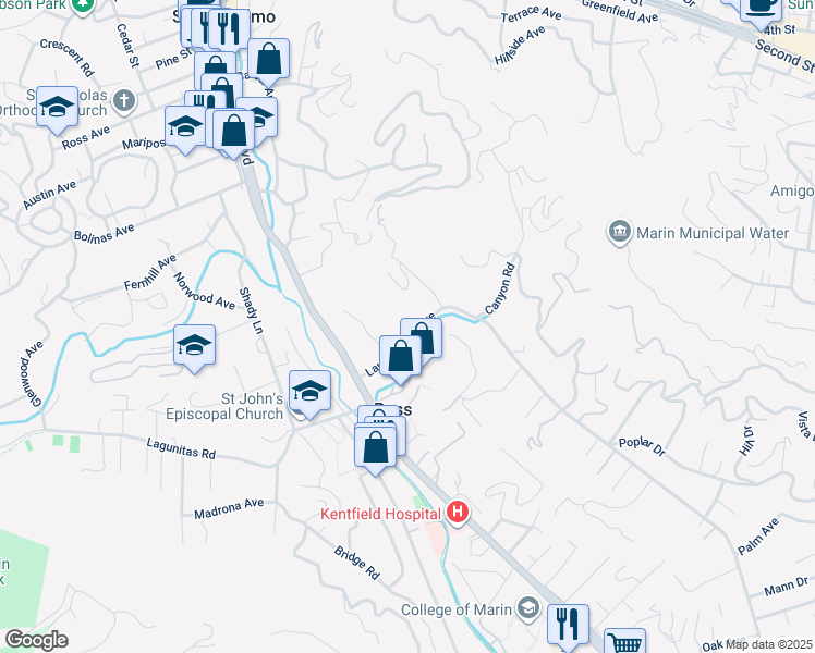 map of restaurants, bars, coffee shops, grocery stores, and more near 35 Laurel Grove Avenue in Ross