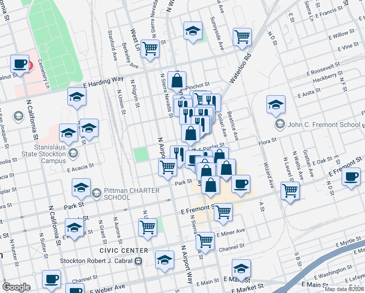 map of restaurants, bars, coffee shops, grocery stores, and more near 924 North Sierra Nevada Street in Stockton
