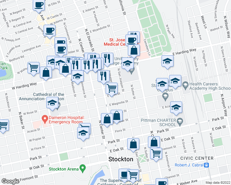map of restaurants, bars, coffee shops, grocery stores, and more near 1202 North Hunter Street in Stockton