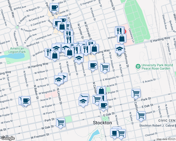 map of restaurants, bars, coffee shops, grocery stores, and more near 1239a North Center Street in Stockton