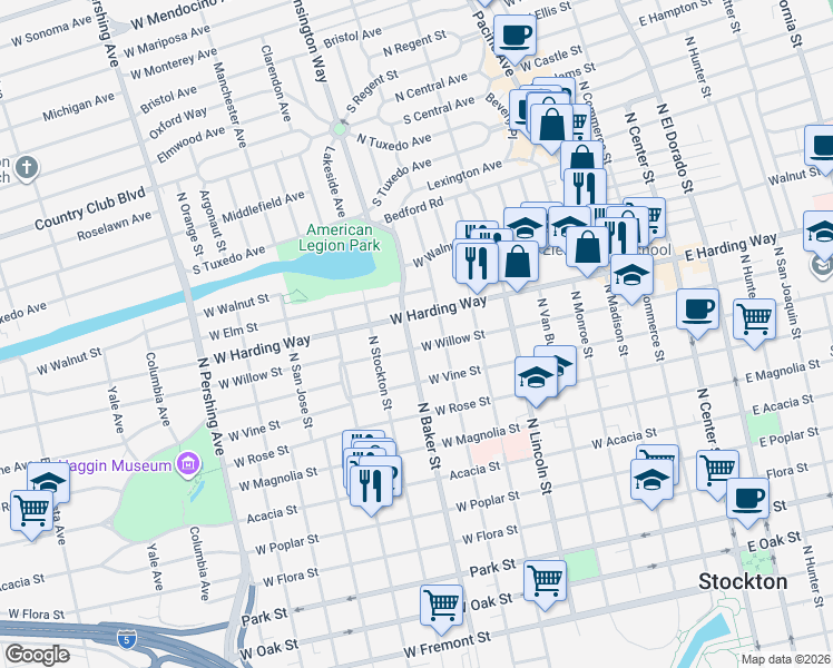 map of restaurants, bars, coffee shops, grocery stores, and more near 1422 North Baker Street in Stockton