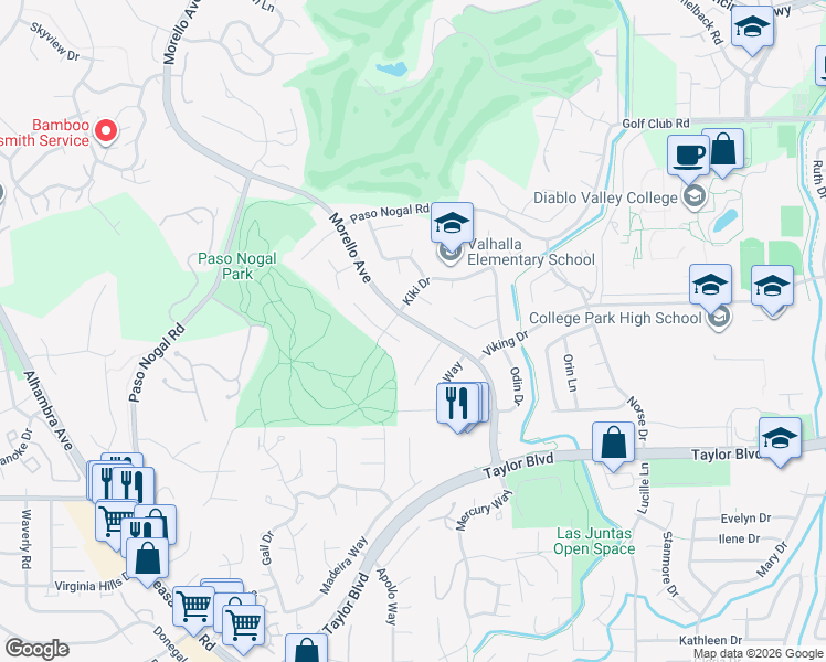 map of restaurants, bars, coffee shops, grocery stores, and more near 2071 Morello Avenue in Pleasant Hill